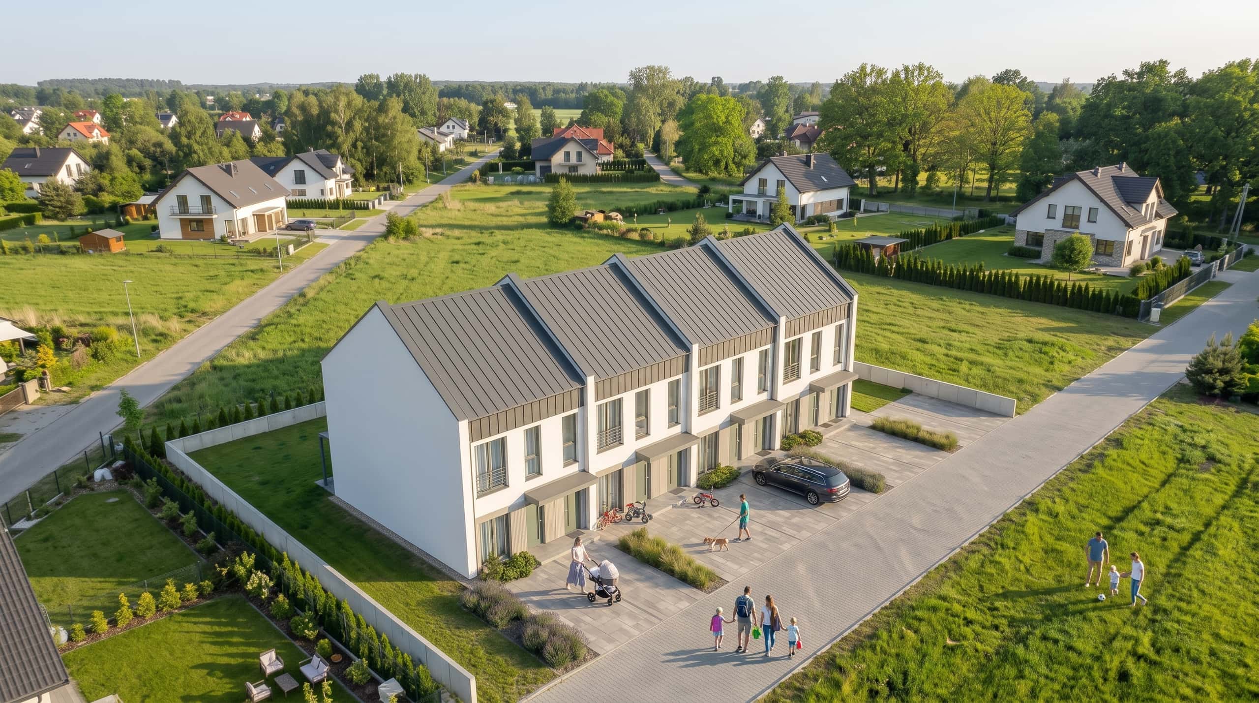 Widok z lotu ptaka na zabudowę, wizualizacja poglądowa.