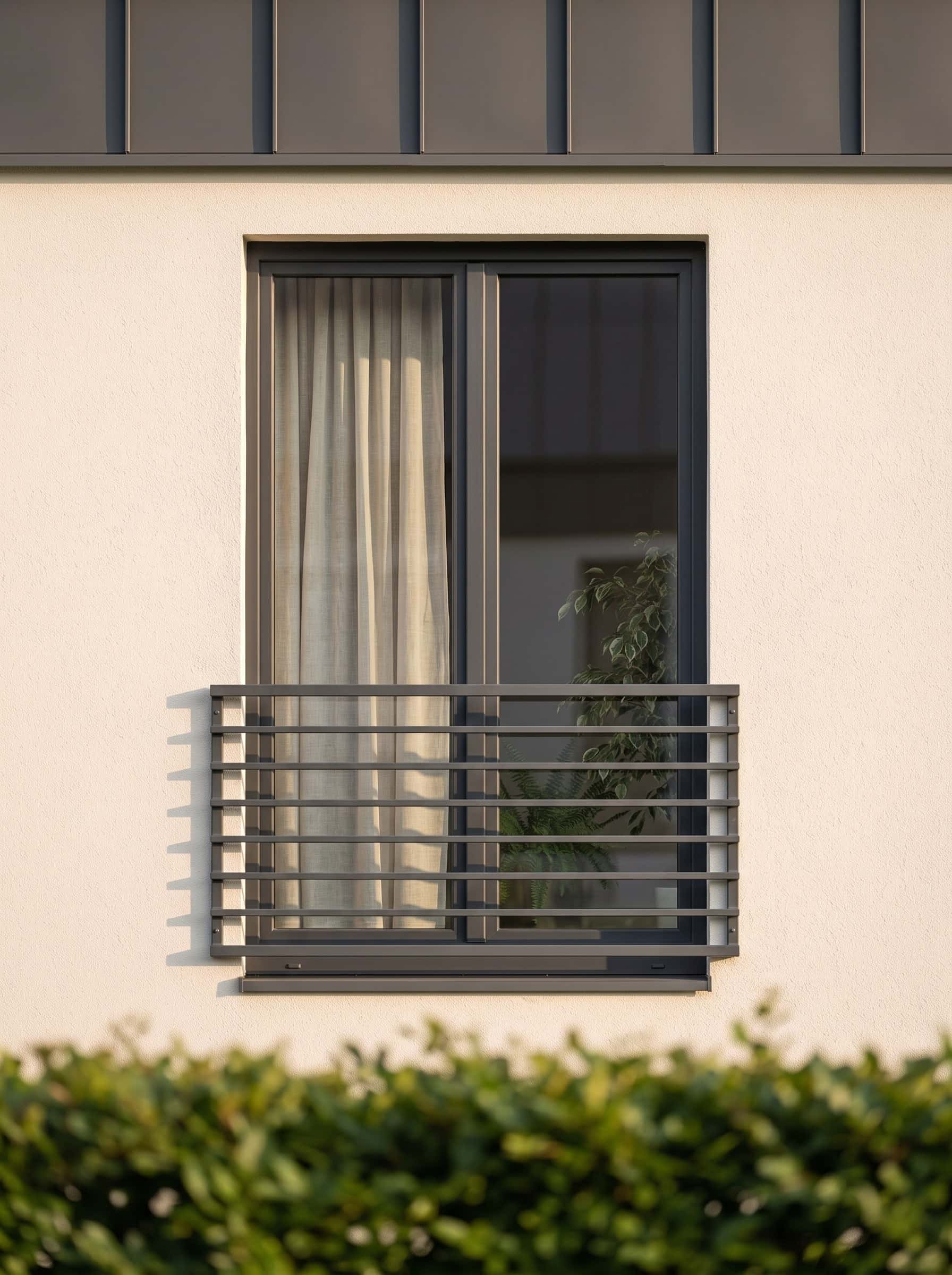 Balkon francuski od strony ogrodu z balustradą z poziomych płaskowników.
